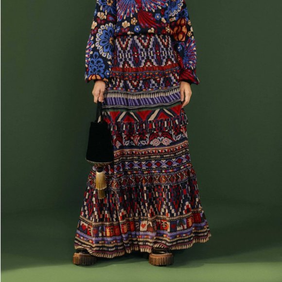 Farm Rio Ainika Tapestry Blue Maxi Skirt Tiered Size M - Picture 3 of 16